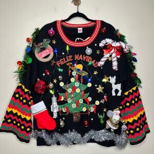 Ugly Christmas Sweater Feliz Navidad LIGHTS UP Tinsel Xmas Party Winner Size XXL
